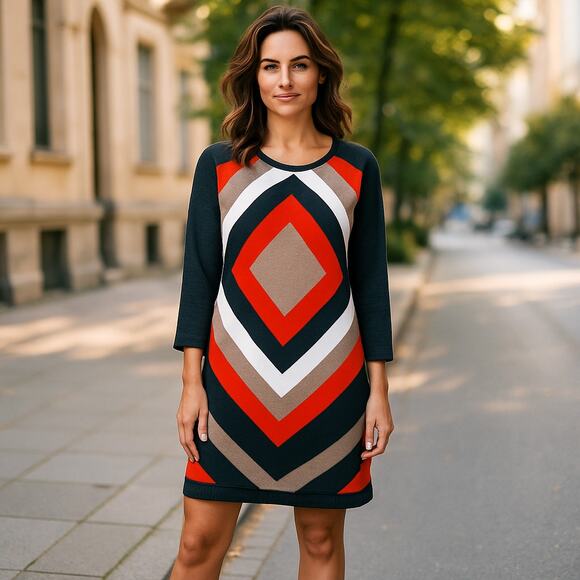 Eliza J dress geometric gray tan red white chevron colorblock rib knit midi M - Picture 1 of 7